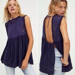 Free People Bella Babydoll Indigo Blue Eyelet Open Back Tank Top Size XS